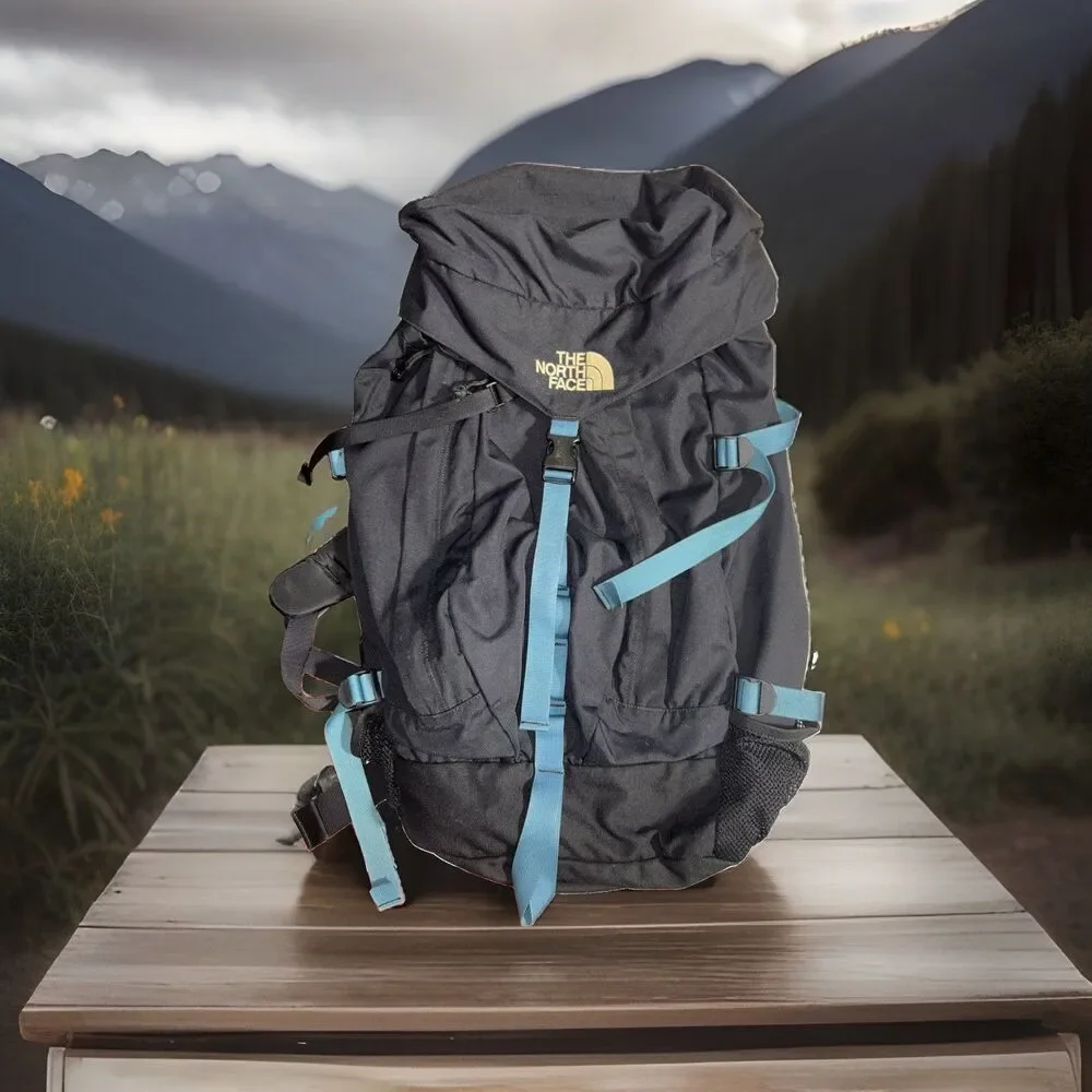 The North Face Vintage Large Hiking Backpack Black with Teal Accent Straps